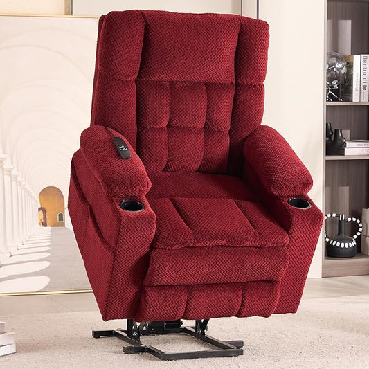 SALOHZA Power Lift Recliner Chair for Elderly with Massage and Heat for Living Room, Electric Recliner Chair for Adults with USB/Type C Port/Cup Holders, Velvet Fabric, Burgundy