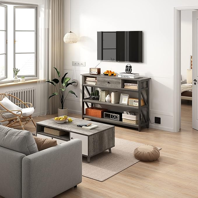 Mexin Console Table with Outlets and USB Ports, Entryway Table with Drawer Storage Shelves, Industrial Wood Hallway Sofa Table for Living Room, Couch, Foyer Table, 47 Inch Grey Oak