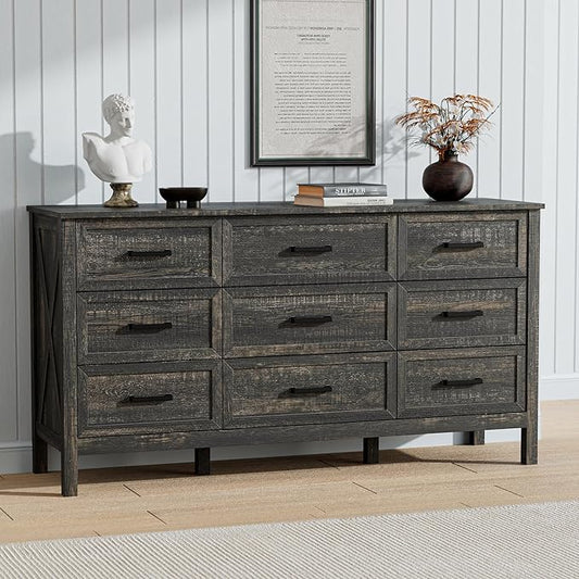 LYNSOM Farmhouse 9 Drawers Dresser for Bedroom, 55" Wide Wood Rustic Chest of Drawers with Natural Texture, Metal Handle, Storage Dressers Organizer for Entryway, Hallway, Dark Rustic Oak