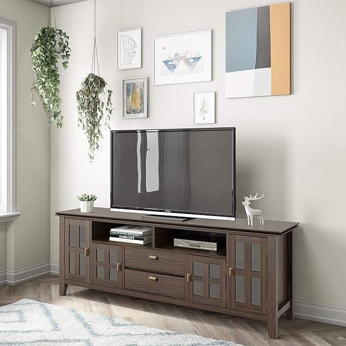 SIMPLIHOME Artisan SOLID WOOD 72 inch Wide Transitional TV Media Stand in Farmhouse Brown For TVs up to 80 inches for the Living Room and Entertainment Center