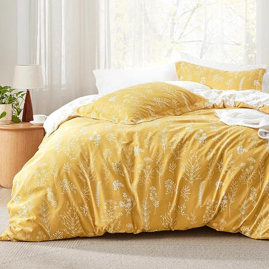 Bedsure King Comforter Set - Yellow Bed Set, 3 Pieces Cute Floral Bedding, 1 Soft Reversible Botanical Flowers Comforter and 2 Pillow Shams