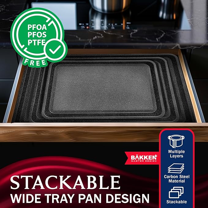 BAKKEN Kitchen Baking Pans - Small, Medium, and Large Cookie Pan (13.58×9.65, 15.75×11, 17.91×12.60), Nonstick, Diamond Texture Bottom, PFOA, PFOS, PTFE Free, Oven Safe (450°F), Pack of 3, Gray Marble