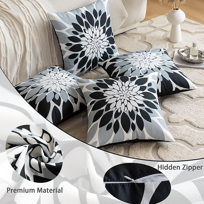 Qahing Pack of 4 Outdoor Waterproof Pillow Covers 20x20 Decorative Outdoor Throw Pillows Garden Square Cushion Cases for Patio Furniture, Couch, Tent Sunbrella, Bench, Black Grey