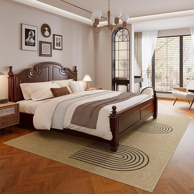 Easy Jute Area Rug 5x7, Living Room Washable Rug Indoor Outdoor Patio 5x7 Carpet, Farmhouse Rainbow Pattern Throw Non Slip Black Carpet for Backyard Dining Room, Light Brown/Black