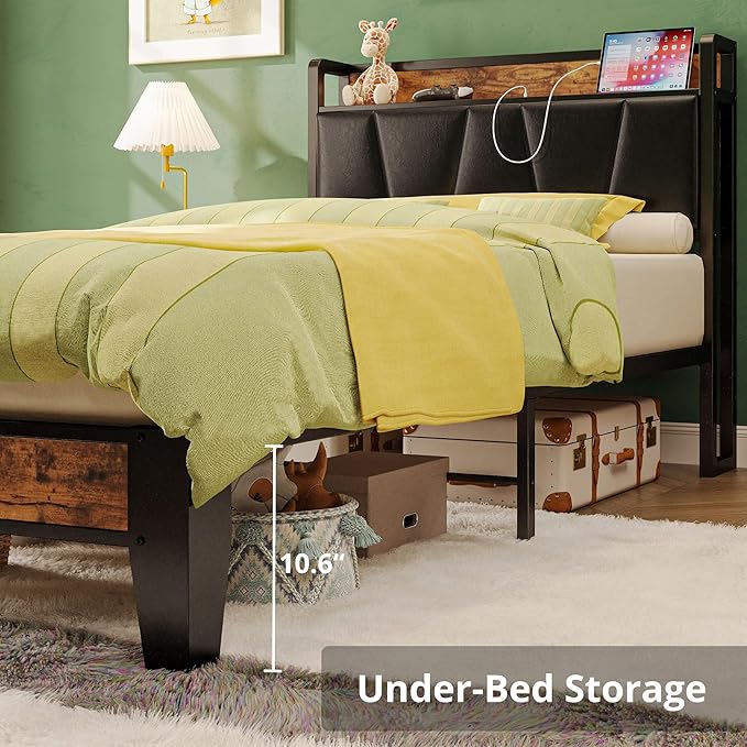 LIKIMIO Twin XL Bed Frames, Storage Headboard with Charging Station, Solid and Stable, Noise Free, No Box Spring Needed, Easy Assembly (Vintage and Black)