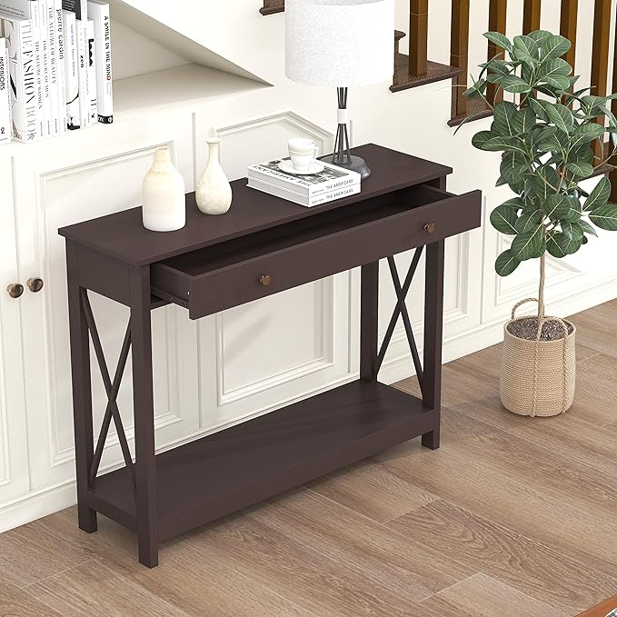 Treocho Black Console Table with Drawer and Storage Shelves, Foyer Sofa Table Narrow for Entryway, Living Room, Hallway