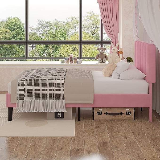 VECELO Twin Size Bed Frame with Upholstered Headboard, Velvet Platform Bedframe Mattress Foundation, Strong Wood Slat Support, No Box Spring Needed,Pink