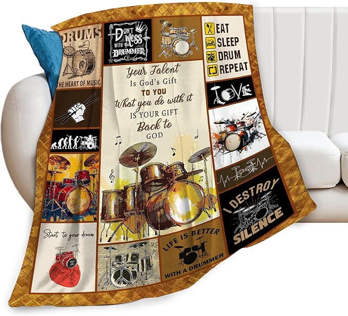 Drum Set Blanket Rock Music Throw Blanket Soft Fleece Flannel Bedding Musical Instrument Gifts for Men Drummer Boys Women Girls Lovers Adults Stuff Plush for Couch Sofa Bed Room Decor 50"X60"