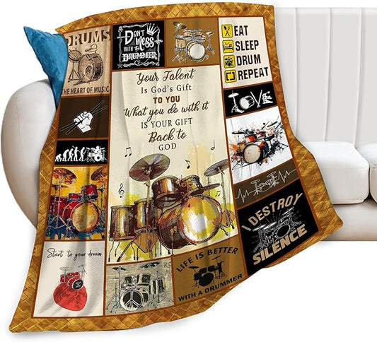 Drum Set Blanket Rock Music Throw Blanket Soft Fleece Flannel Bedding Musical Instrument Gifts for Men Drummer Boys Women Girls Lovers Adults Stuff Plush for Couch Sofa Bed Room Decor 50"X60"