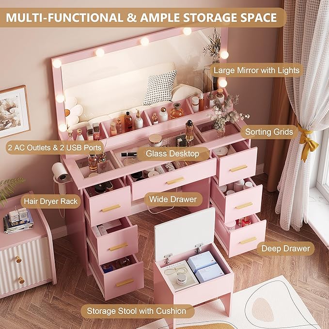 Vanity Desk with 38" Large Mirror and 9 LED Lights & Glass Top and Power Outlet, Adults Makeup Vanity with Chair and 7 Storage Drawers, Dressing Table Set for Bedroom, Modern Pink