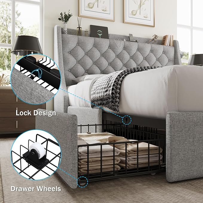 Queen Bed Frame with 4 Storage Drawers, Giant Upholstered Wingback Headboard, Fast Charging Station, No Box Spring Needed, Noise-Free, Light Gray