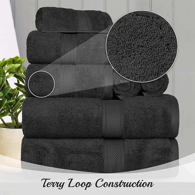 Superior Egyptian Cotton Pile 8 Piece Towel Set, Includes 2 Bath, 2 Hand, 4 Face Towels/Washcloths, Ultra Soft Luxury Towels, Thick Plush Essentials, Guest Bath, Spa, Hotel Bathroom, Black