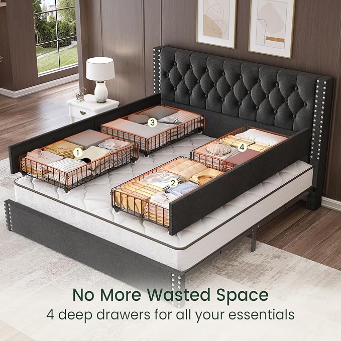 King Size Bed Frame with 4 Storage Drawers and Tufted Headboard Linen Upholstered Platform Bed Frame with Heavy Duty Wood Slats, No Box Spring Needed, Easy Assembly, Grey