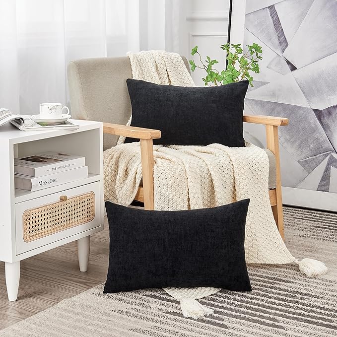 GAWAMAY Lumbar Pillow Cover Decorative Rectangle Throw Pillow Covers 12"x20" Inch Set of 2, Super Soft Chenille Pillowcase for Living Room Bedroom Sofa Couch Cushion Cover Black 30x50cm (No Insert)