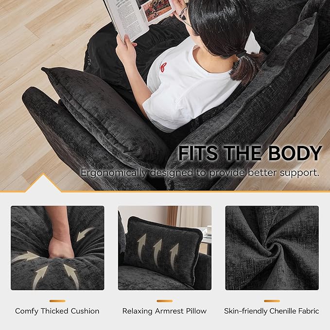 111'' Sectional Cloud Deep Seat Couch, Modern Comfy Chenille Modular Sectional Sofa for Living Room Set, Upholstered Modular 3-Seats Sofa Couch, Dark Grey