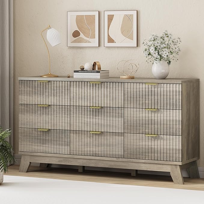 Fluted Dresser for Bedroom with 9 Drawers, 57" Wide Modern Chest of Drawers with Metal Handle, Wooden Dresser TV Stand, Wood Closet Clothes Storage Organizer for Living Room, Hallway, Grey