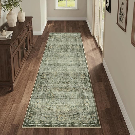 FMFUNCTEX 2x6 Runner Rug Green Vintage Neutral Washable Distressed Non Slip Low Pile Indoor Carpet Soft Retro Hallway Entryway Rug for Kitchen Living Room Bedroom Bathroom Laundry Entrance Bedside