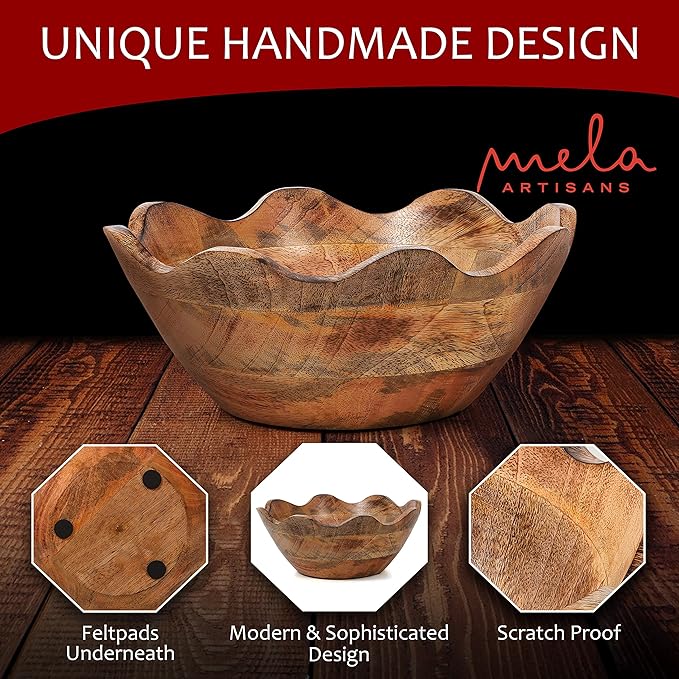 Mela Artisans Medium Scalloped Decorative Wooden Bowl | 10 Inch Mango Wood Fruit & Serving Bowl | Natural Grain Texture | Ideal for Kitchen Counter | Snacks | Desserts | Bread | Handcrafted Decor