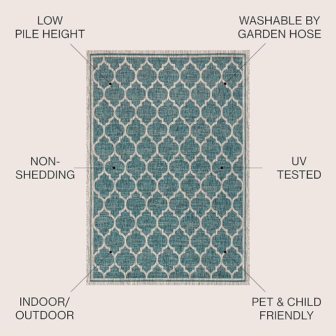 Eyely BMS109E-6 Santa Monica Trebol Moroccan Trellis Textured Weave, Pet Friendly, Non-Shedding, Stain Resistant, Easy-Cleaning, Teal/Gray, 6 ft. x 9 ft., Indoor/Outdoor, Area Rug
