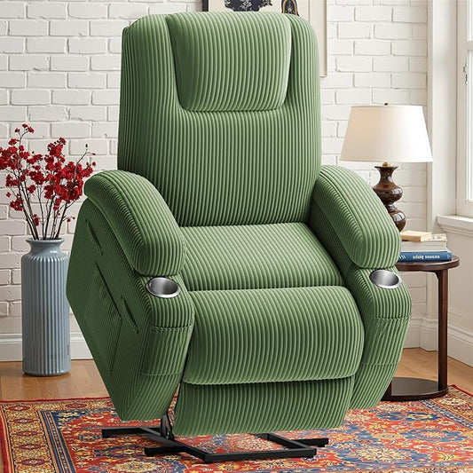 Power Lift Recliner Chair with Massage Electric Lift Chair for Elderly, Ergonomic Recliner with Cup Holders & Side Pockets, Modern Single Sofa for Living Room (Corduroy, Green)