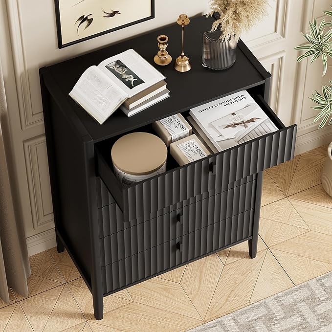 Black 5 Drawer Dresser, 31.5" Wide White Modern Dresser with Fluted Front & Metal Handles for Bedroom, Living Room