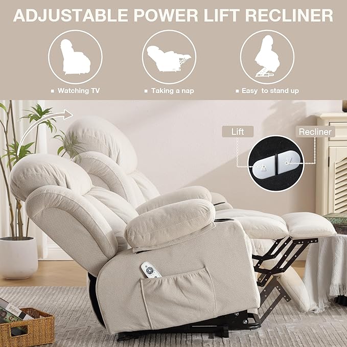Power Lift Recliner Chair for Elderly with Vibration Massage and Lumbar Heating Electric Oversized Single Sofa with Cup Holder and USB Charge Port for Living Room