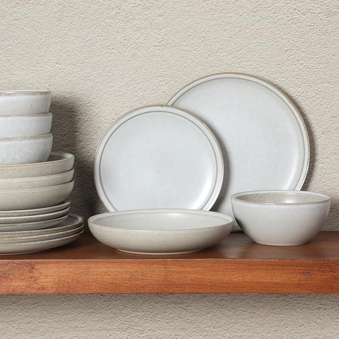 Gibson Elite Beckett Stoneware Matte Reactive Glaze 16 Piece (Service for 4) Plates and Bowls Dinnerware Set - Linen White