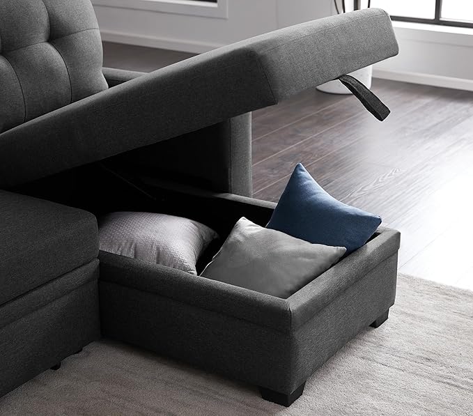 82 Inch Convertible Sleeper Sectional Sofa with Storage Chaise and Pull-Out Bed, Linen Upholstered Reversible Corner Couch, Modular L Shaped Couches for Living Room, Home Furniture, Dark Gray