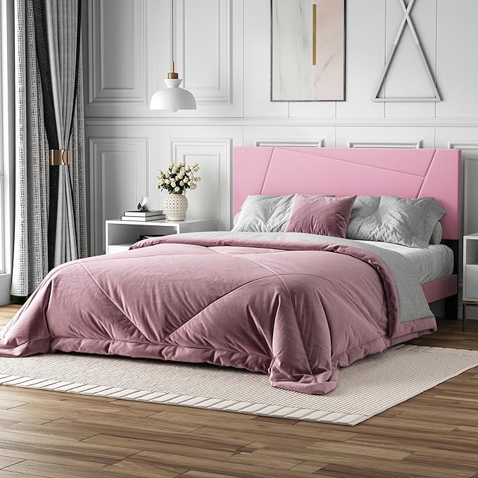 Queen Size Bed Frame, Queen Platform Bed Frame with Velvet Upholstered Headboard, Geometric Pattern, Sturdy Frame and Slats, Noiseless, No Springs Required, Easy to Assemble，Pink