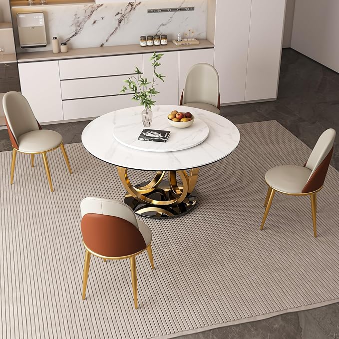 Dining Table Set with 4 Chairs, 53" Round Modern Marble Dining Table with Lazy Susan, Sintered Stone Top for Kitchen, Dining Room, Dinette