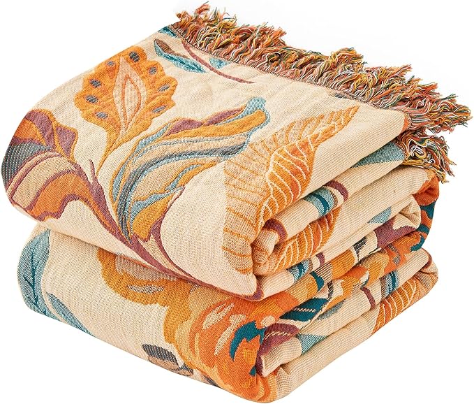 Boho Throw Blanket for Bed-100% Cotton Soft Breathable Farmhouse Decor Boho Quilt for Sofa (Flowers Tulips, 80"x90")