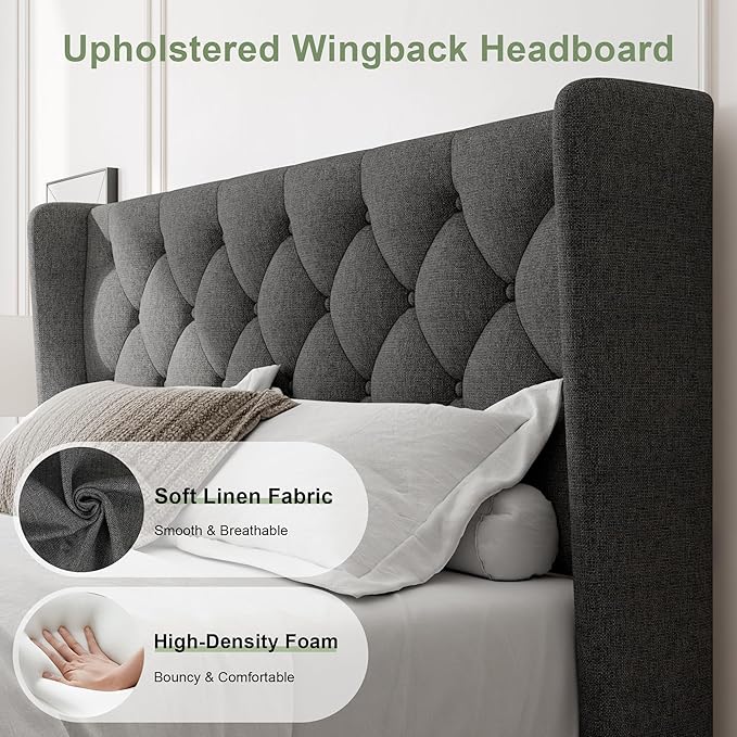 Feonase Full Size Bed Frame with Upholstered Wingback Headboard, Platform Bed and Heavy Duty Wooden Slats Support, Easy Assembly, Noise-Free, No Box Spring Needed, Dark Gray