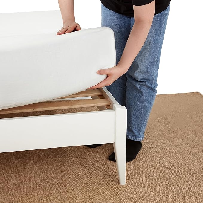 Bme Dinkee Signature Ivory White Queen Bed Frame Without Headboard - Modern & Minimalist Style with Acacia Wood - 12 Strong Wood Slat Support - Easy Assembly - No Box Spring Needed