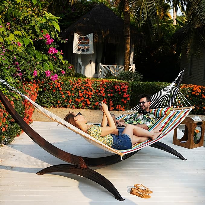 Lazy Daze 12 FT Sunbrella Quilted Hammock Double Hammock with Hardwood Spreader Bar, for Patio Outdoor Outside All Weather, 450 lbs Capacity, Carousel Confetti
