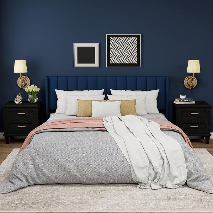 Upholstered Platform King Size Bed Frame with Headboard Wooden Slats Support No Noise Easy Assembly Blue Velvet