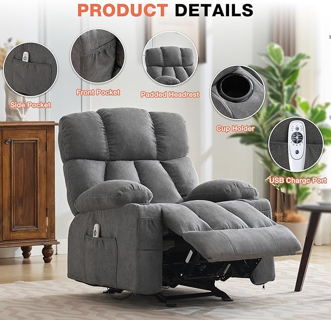 Massage Rocker Recliner Chair with Heat, Ergonomic Overstuffed Reclining Lounge Chair with Side Pockets, USB Charging Port, Sturdy Metal Frame, Comfortable Modern Design for Living Room