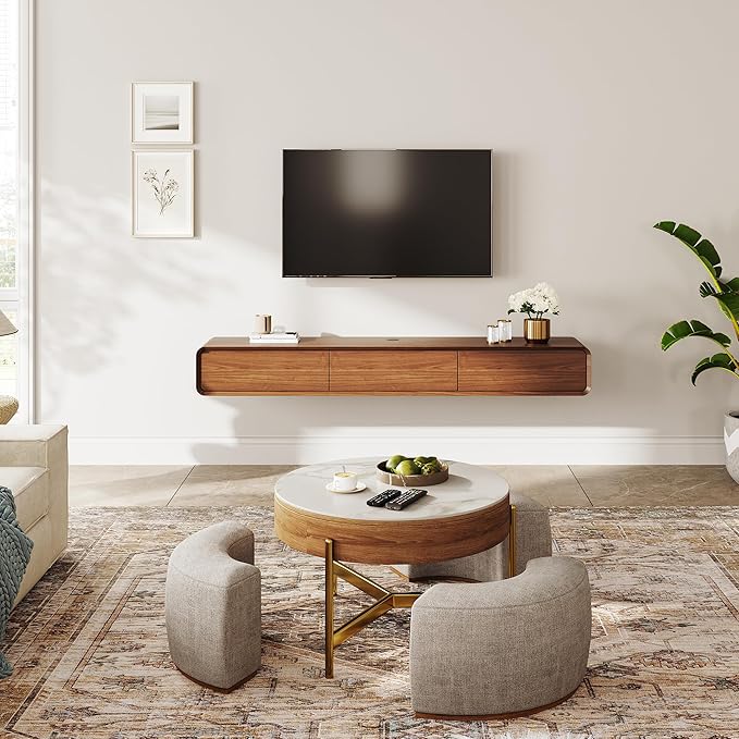 Fully-Assembled Minimalist Floating TV Stand, Modern Wall-Mounted Entertainment Center with 3 Flip-Down Cabinet Doors, Solid Wood, Walnut Veneer, 78"