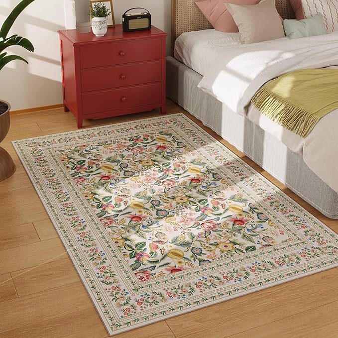 Area Rug 4x6 Rug Washable Vintage Floral Rugs Non Slip Low Pile Small Carpet for Bedroom, Bedside, Kids Room, Office, Dining Room, Beige