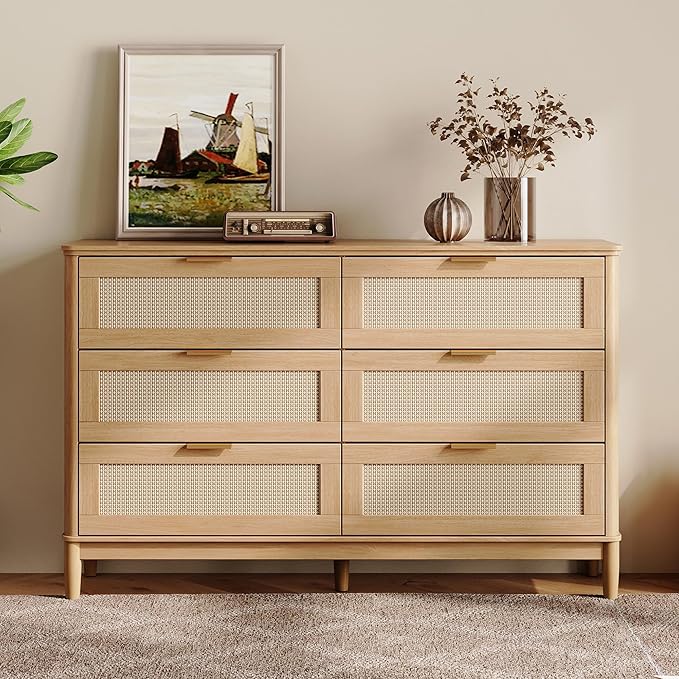 LINSY HOME Rattan Dresser for Bedroom with 6 Drawers, 47" Wide Chest of Drawers, Mid Century Modern Dresser TV Stand with Metal Handle, Wood Closet Storage Cabinet for Living Room, Hallway, Oak