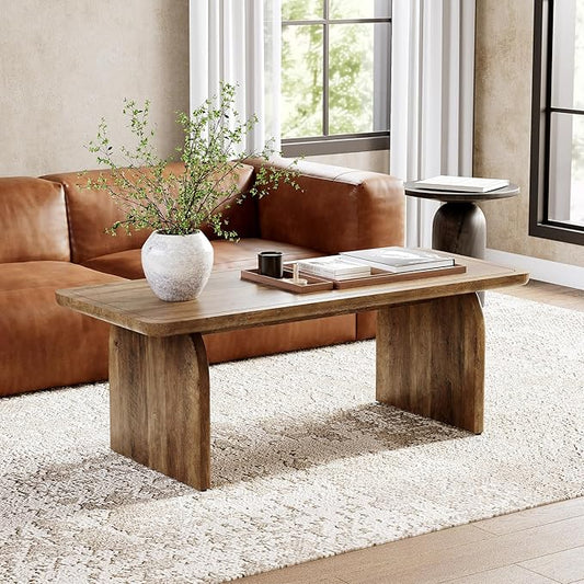 LITTLE TREE Farmhouse Coffee Table, 47 Inches Wooden Center Tables with Rounded Corners, Rectangular Living Room Tables, Modern Low Cocktail Tea Furniture for Living Room (Rustic Brown)