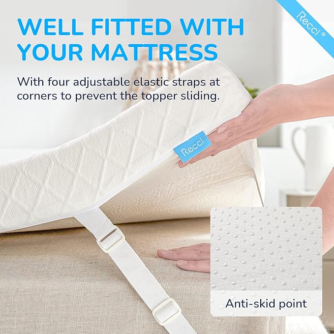 RECCI 2 Inch Queen Memory Foam Mattress Topper, Pressure-Relieving Mattress Topper for Back Pain, Non-Slip Design with Removable & Washable Cover, CertiPUR-US Certified, Queen Size