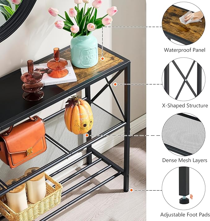 Hoctieon Industrial Console Table, 3 Tier Entryway Table, Hallway Table, Narrow Sofa Table with Shelves, Entrance Table for Entryway, Rustic Brown&Black