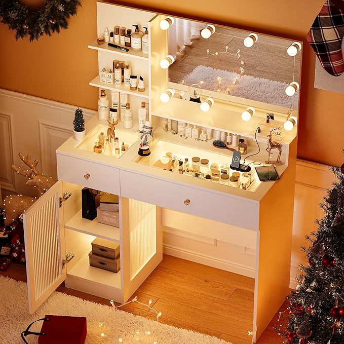 40" Vanity Desk with Large Mirror and Lights, Modern Glass Top Makeup Vanity Set with Power Outlet, Drawers and Cabinet, 3 Lighting Color Adjustable Dressing Table for Bedroom,White