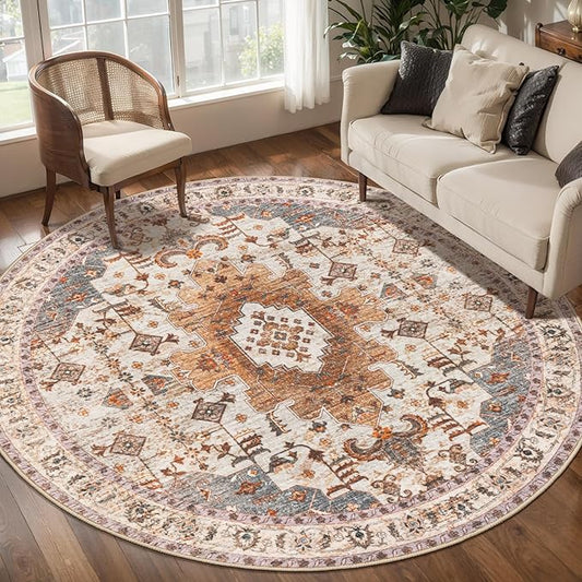 Tangsoo Vintage Round Rug 6ft, Washable Circle Rug, Non Slip Boho Round Area Rug,Low Pile Circular Rugs,Large Round Rugs Carpet for Livingroom,Bedroom,Nursery,Dorm,Office,Turmeric