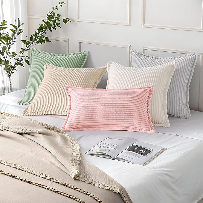 Mecatny Corduroy Throw Pillow Covers 26x26 Set of 2, Neutral Decorative Soft Boho Couch Pillow Covers with Broadside for Sofa Living Room, Grey