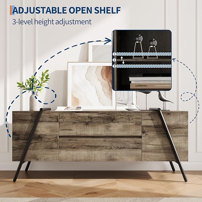 GarveeHome 55" Modern TV Stand, Entertainment Center with 2 Drawers, Adjustable Shelves, U-Shaped Metal Legs, Farmhouse Wooden TV Console for Living Room and Bedroom, Oak