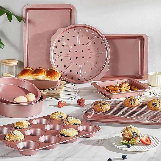 HONGBAKE Bakeware Sets, Baking Pans Set, Nonstick Oven Pan for Kitchen with Wider Grips, 10-Piece Including Rack, Cookie Sheet, Cake Pans, Loaf Pan, Muffin Pan, Pizza Pan - Pink