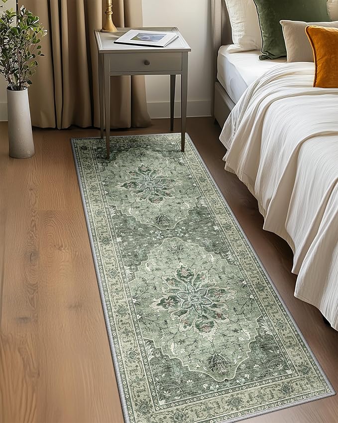 Area Rugs 2'x10' Washable Non-Slip, Floral Vintage Distress Print Pattern Medallion Carpet for Living Room Bedroom Dining Room, Dark Green Gray