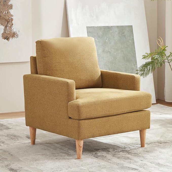 VKNOW Mid-Century Accent Chair, Modern Upholstered Chenille Armchair for Living Room,Comfy Reading Accent Chairs with Wood Legs for Bedroom, Yellow Polyester