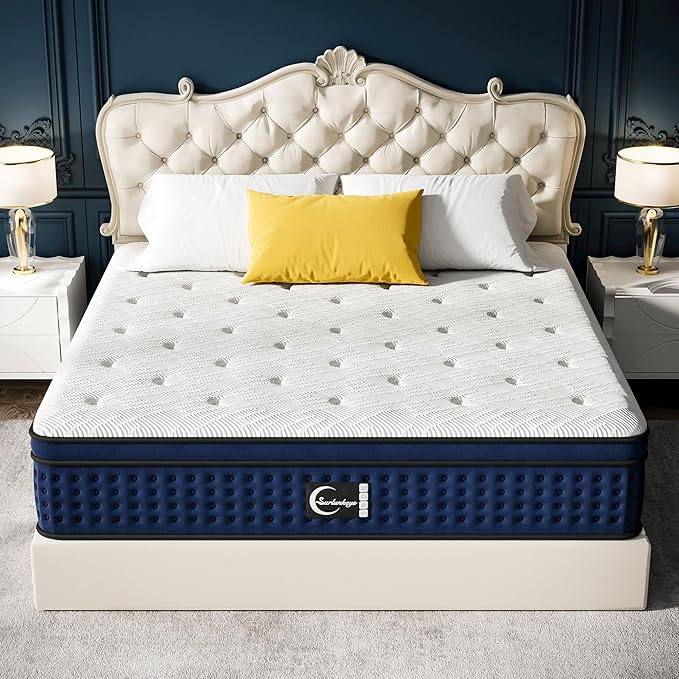 Memory Foam Innerspring Mattress - 14 Inch Full Size Mattress for Back Pain Relief, Medium Firm with Reinforced Edge Support, Navy